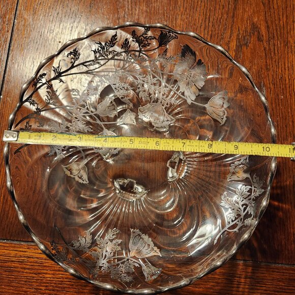 Silver City Glass Co 4 Footed Bowl w/ Sterling Silver Overlay, Flanders Pattern - Picture 6 of 8